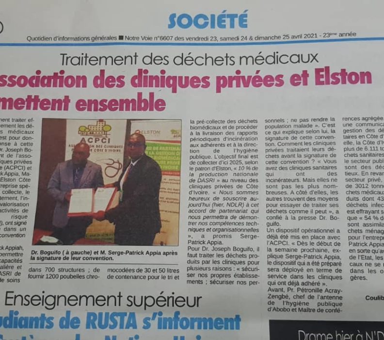 Traitement des déchets médicaux: l’Association des Cliniques Privées de Côte d’Ivoire (ACPCI) et Elston Côte d’Ivoire se mettent ensemble